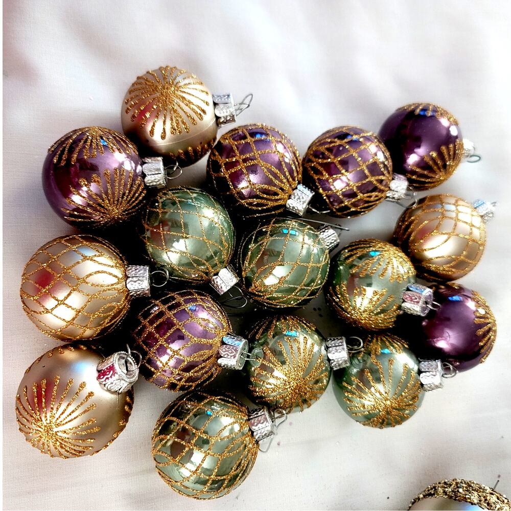 22 Decorative Glass Christmas Ornaments Sequined And Glittery Green Gold Purple